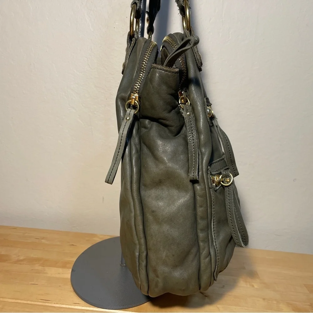 Linea Pelle Dylan Green Italian Leather Studded Tote Shoulder Bag Large
